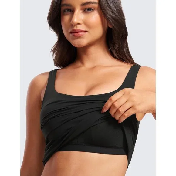 Women's Padded Workout Crop Top U Neck Built-In Bra Yoga Lounge Slim Fit